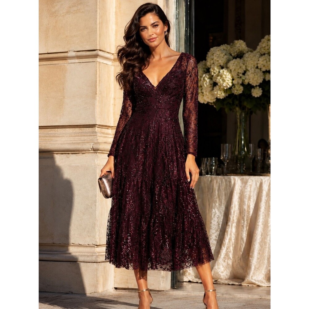 Mac Duggal Dress Womens 2 Wine Embellished Lace Midi Evening Cocktail Party
